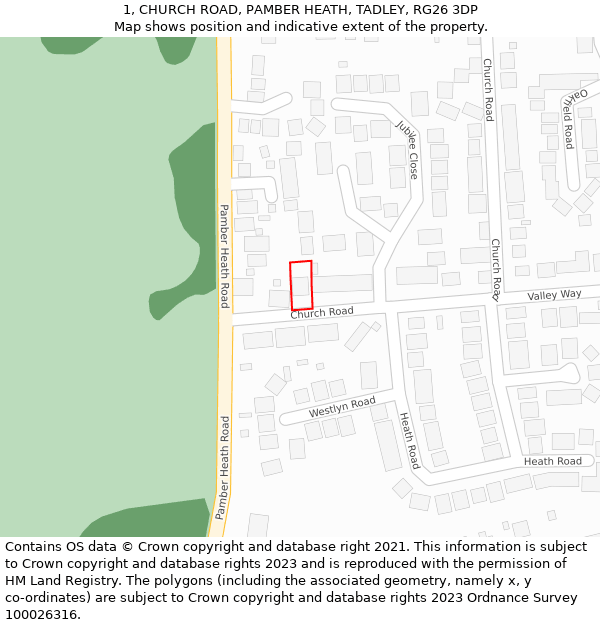 1, CHURCH ROAD, PAMBER HEATH, TADLEY, RG26 3DP: Location map and indicative extent of plot