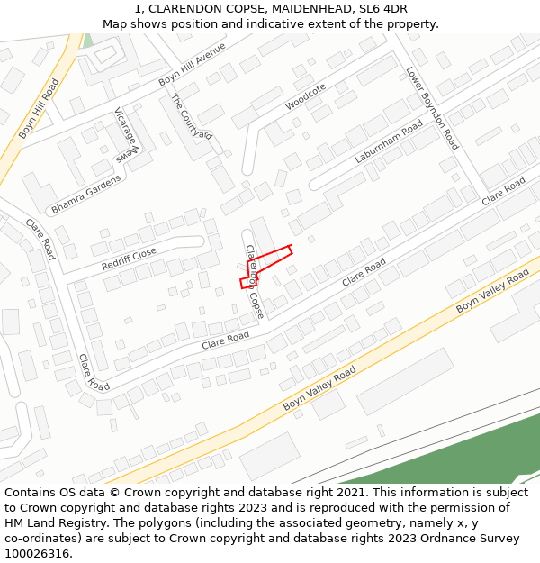 1, CLARENDON COPSE, MAIDENHEAD, SL6 4DR: Location map and indicative extent of plot