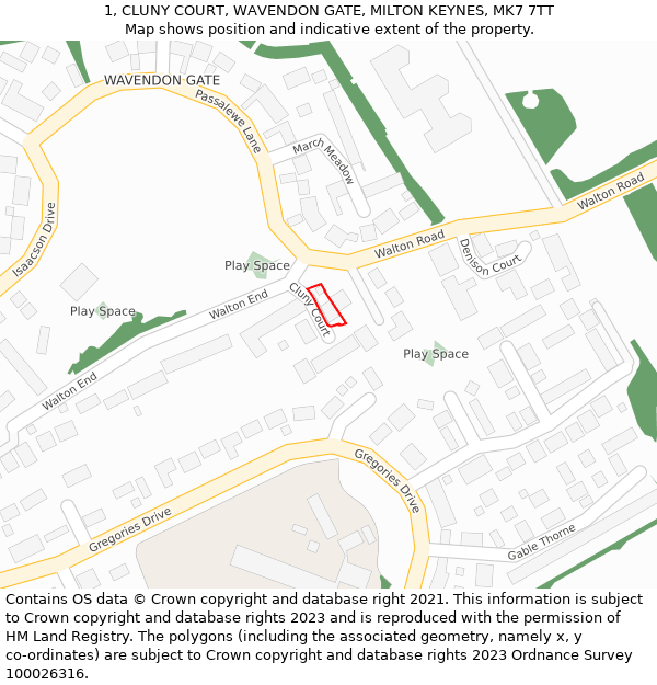 1, CLUNY COURT, WAVENDON GATE, MILTON KEYNES, MK7 7TT: Location map and indicative extent of plot