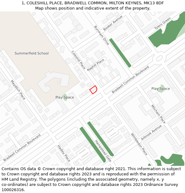 1, COLESHILL PLACE, BRADWELL COMMON, MILTON KEYNES, MK13 8DF: Location map and indicative extent of plot