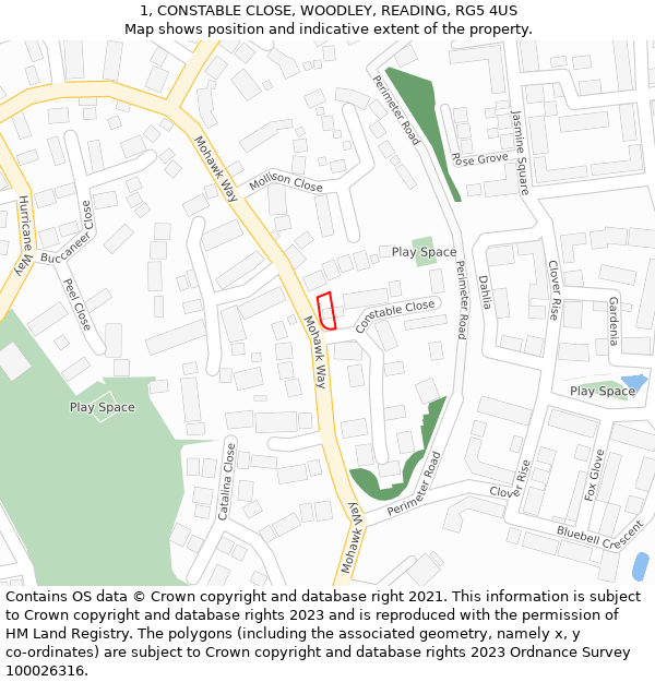 1, CONSTABLE CLOSE, WOODLEY, READING, RG5 4US: Location map and indicative extent of plot