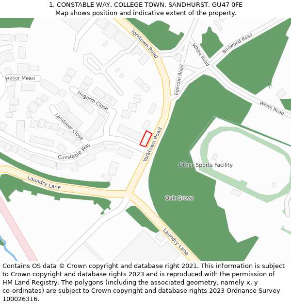 1, CONSTABLE WAY, COLLEGE TOWN, SANDHURST, GU47 0FE: Location map and indicative extent of plot