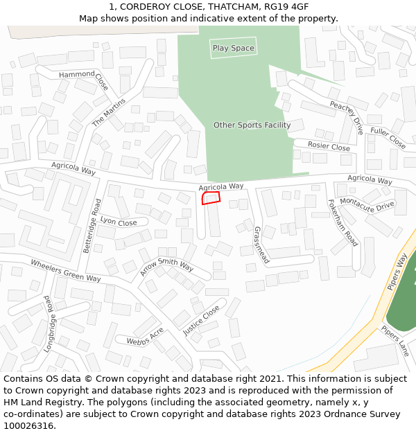 1, CORDEROY CLOSE, THATCHAM, RG19 4GF: Location map and indicative extent of plot