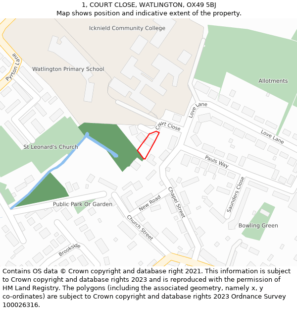 1, COURT CLOSE, WATLINGTON, OX49 5BJ: Location map and indicative extent of plot