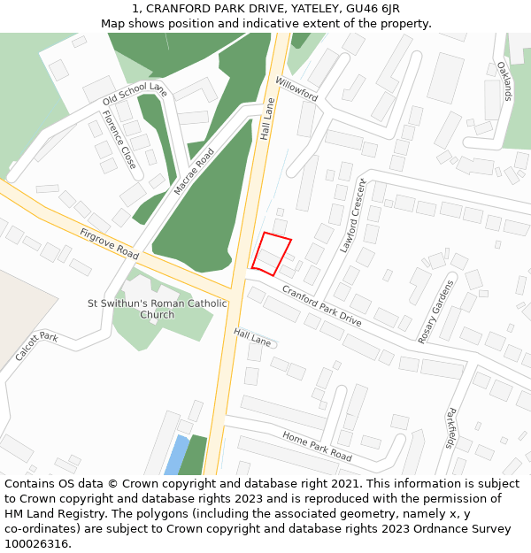 1, CRANFORD PARK DRIVE, YATELEY, GU46 6JR: Location map and indicative extent of plot