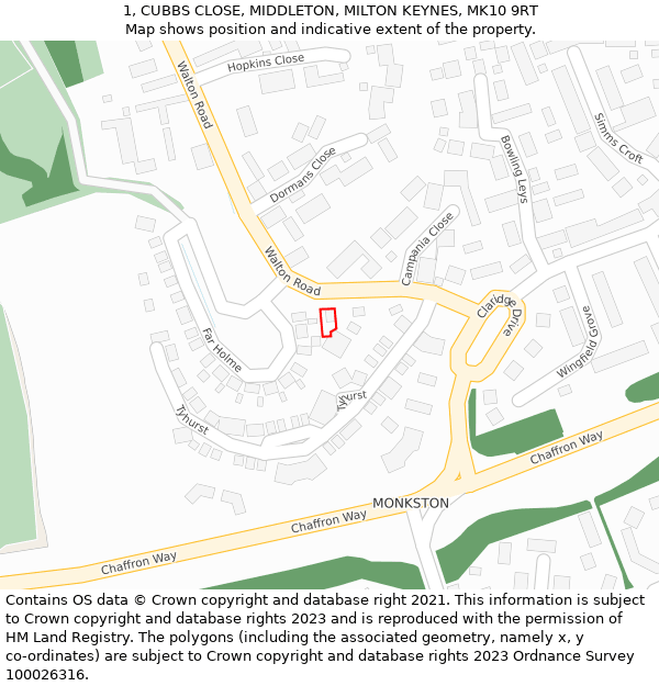 1, CUBBS CLOSE, MIDDLETON, MILTON KEYNES, MK10 9RT: Location map and indicative extent of plot