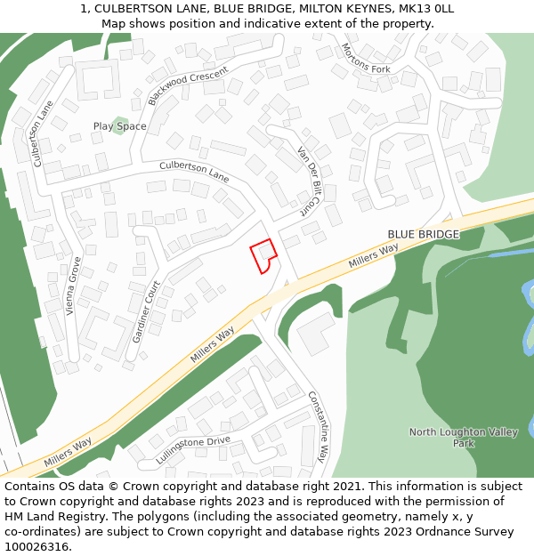 1, CULBERTSON LANE, BLUE BRIDGE, MILTON KEYNES, MK13 0LL: Location map and indicative extent of plot