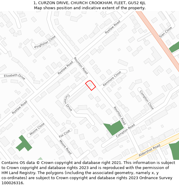 1, CURZON DRIVE, CHURCH CROOKHAM, FLEET, GU52 6JL: Location map and indicative extent of plot