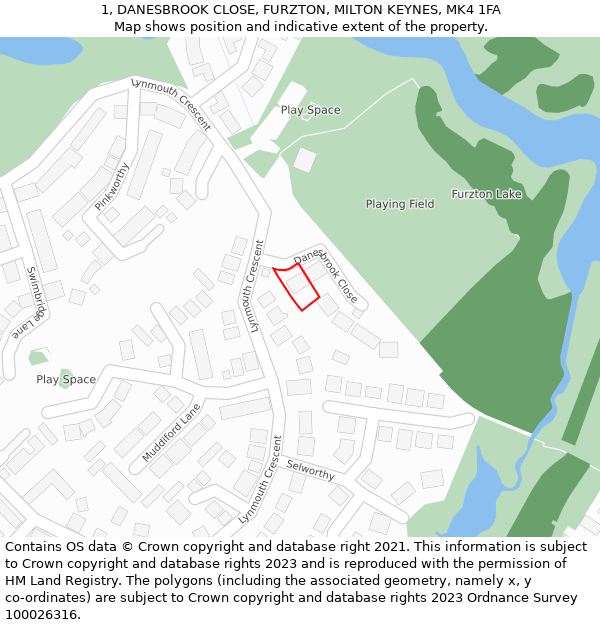 1, DANESBROOK CLOSE, FURZTON, MILTON KEYNES, MK4 1FA: Location map and indicative extent of plot