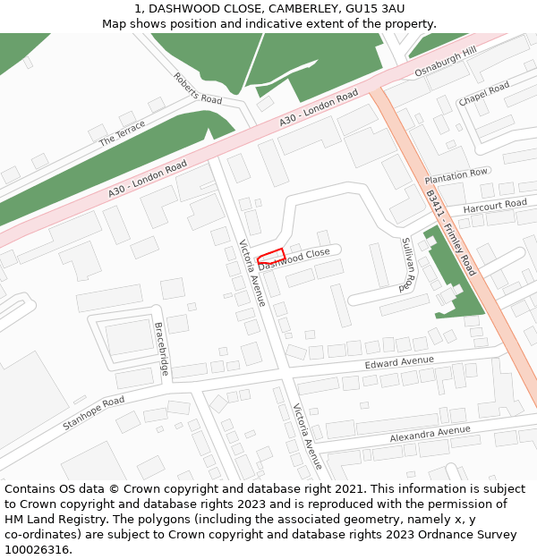 1, DASHWOOD CLOSE, CAMBERLEY, GU15 3AU: Location map and indicative extent of plot