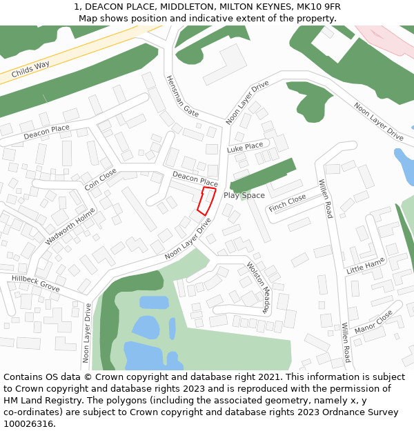 1, DEACON PLACE, MIDDLETON, MILTON KEYNES, MK10 9FR: Location map and indicative extent of plot