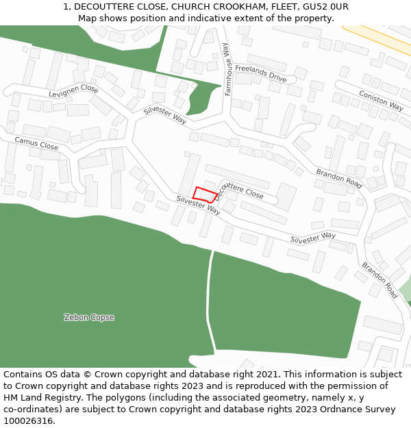 1, DECOUTTERE CLOSE, CHURCH CROOKHAM, FLEET, GU52 0UR: Location map and indicative extent of plot