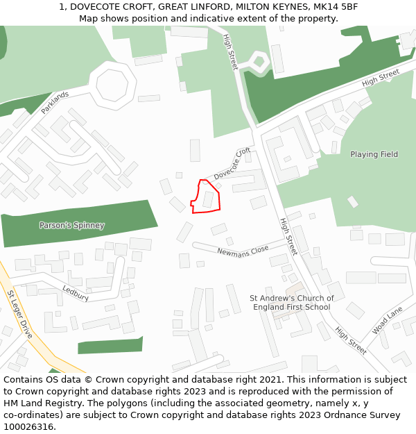 1, DOVECOTE CROFT, GREAT LINFORD, MILTON KEYNES, MK14 5BF: Location map and indicative extent of plot