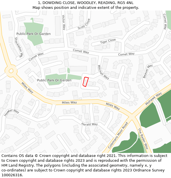 1, DOWDING CLOSE, WOODLEY, READING, RG5 4NL: Location map and indicative extent of plot