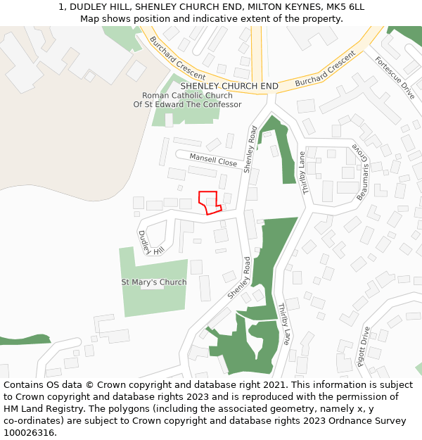 1, DUDLEY HILL, SHENLEY CHURCH END, MILTON KEYNES, MK5 6LL: Location map and indicative extent of plot