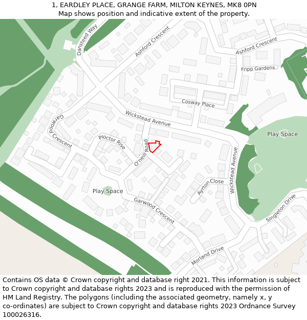 1, EARDLEY PLACE, GRANGE FARM, MILTON KEYNES, MK8 0PN: Location map and indicative extent of plot