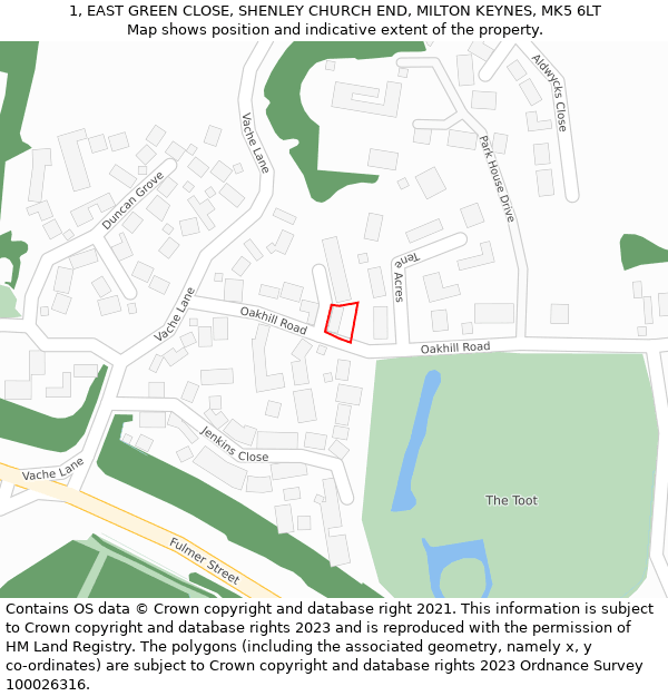 1, EAST GREEN CLOSE, SHENLEY CHURCH END, MILTON KEYNES, MK5 6LT: Location map and indicative extent of plot