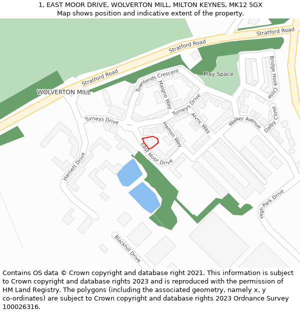 1, EAST MOOR DRIVE, WOLVERTON MILL, MILTON KEYNES, MK12 5GX: Location map and indicative extent of plot