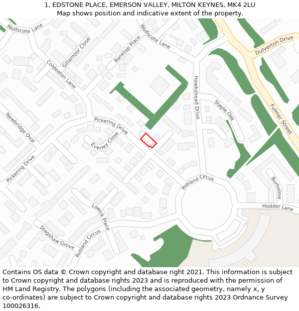 1, EDSTONE PLACE, EMERSON VALLEY, MILTON KEYNES, MK4 2LU: Location map and indicative extent of plot
