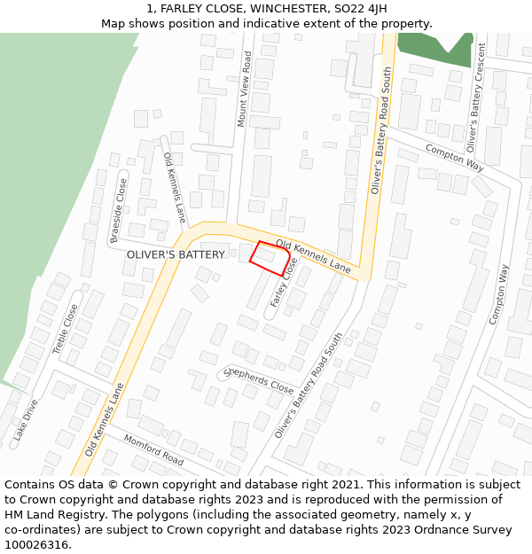 1, FARLEY CLOSE, WINCHESTER, SO22 4JH: Location map and indicative extent of plot