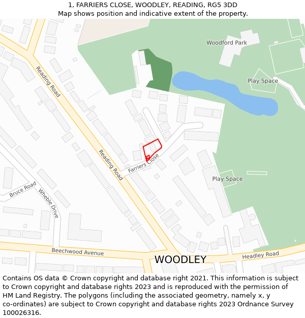 1, FARRIERS CLOSE, WOODLEY, READING, RG5 3DD: Location map and indicative extent of plot