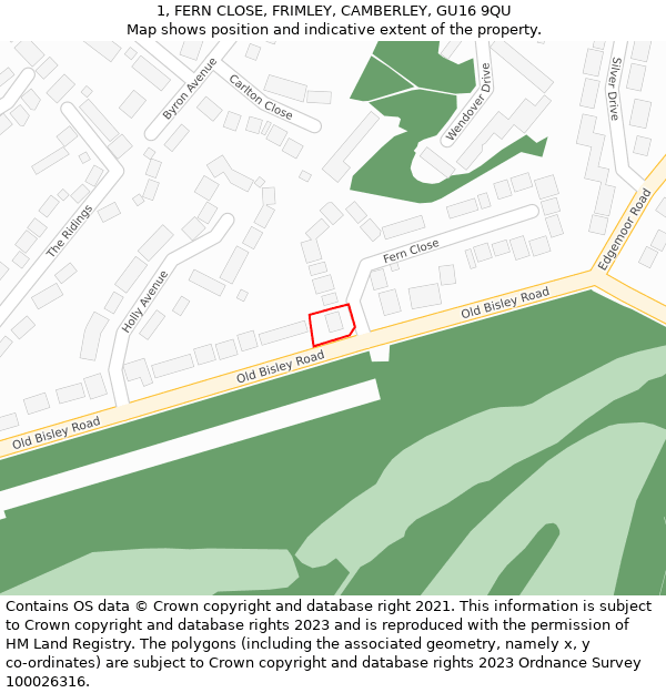 1, FERN CLOSE, FRIMLEY, CAMBERLEY, GU16 9QU: Location map and indicative extent of plot