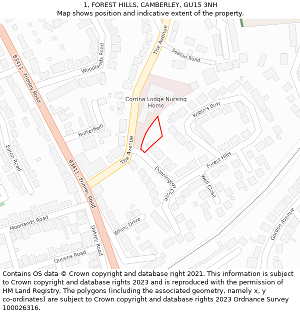 1, FOREST HILLS, CAMBERLEY, GU15 3NH: Location map and indicative extent of plot