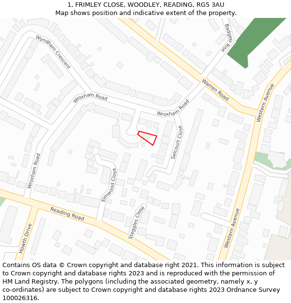 1, FRIMLEY CLOSE, WOODLEY, READING, RG5 3AU: Location map and indicative extent of plot