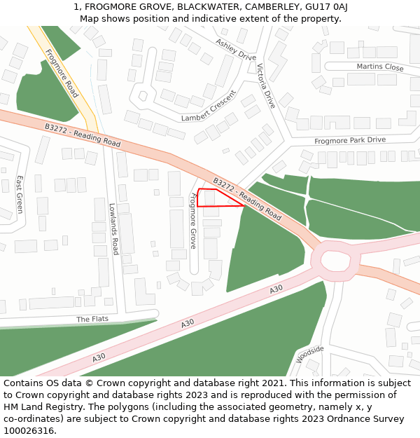 1, FROGMORE GROVE, BLACKWATER, CAMBERLEY, GU17 0AJ: Location map and indicative extent of plot