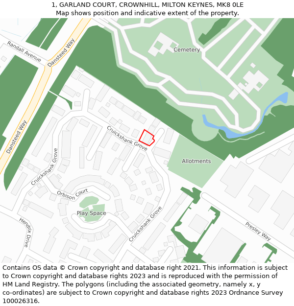 1, GARLAND COURT, CROWNHILL, MILTON KEYNES, MK8 0LE: Location map and indicative extent of plot