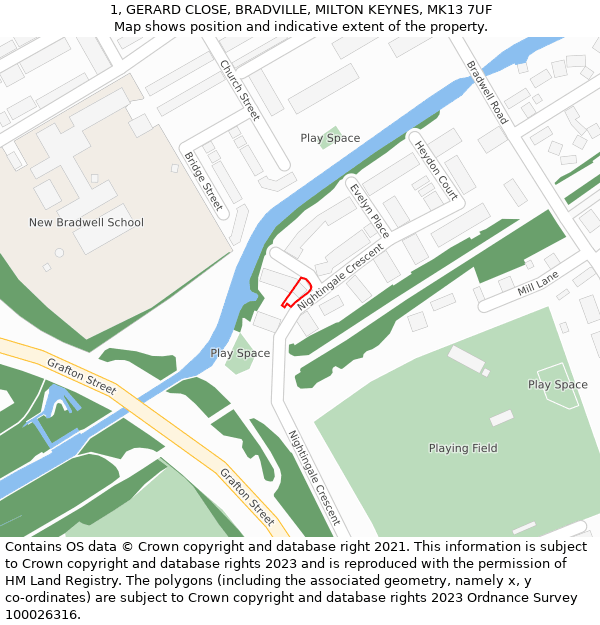 1, GERARD CLOSE, BRADVILLE, MILTON KEYNES, MK13 7UF: Location map and indicative extent of plot