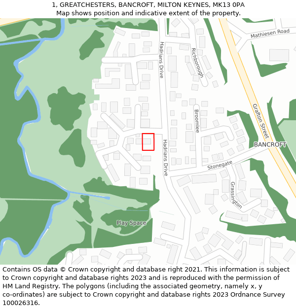 1, GREATCHESTERS, BANCROFT, MILTON KEYNES, MK13 0PA: Location map and indicative extent of plot