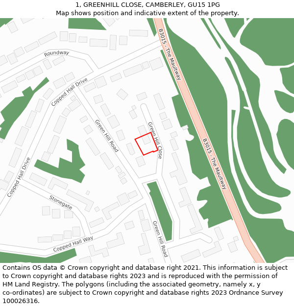 1, GREENHILL CLOSE, CAMBERLEY, GU15 1PG: Location map and indicative extent of plot