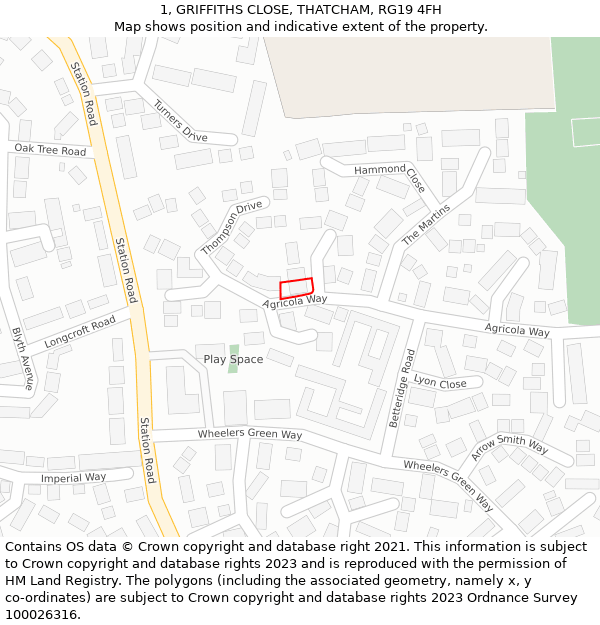 1, GRIFFITHS CLOSE, THATCHAM, RG19 4FH: Location map and indicative extent of plot