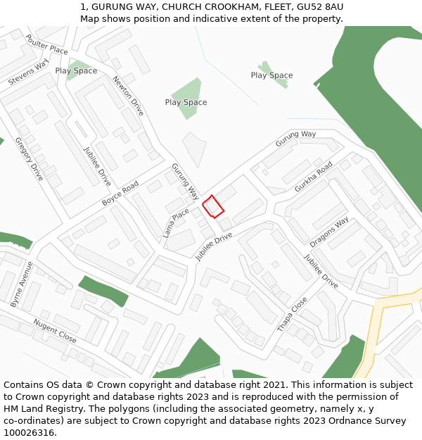 1, GURUNG WAY, CHURCH CROOKHAM, FLEET, GU52 8AU: Location map and indicative extent of plot