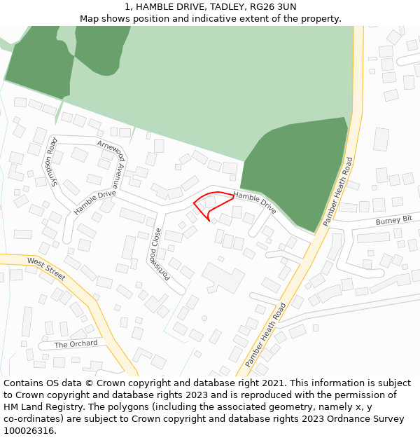 1, HAMBLE DRIVE, TADLEY, RG26 3UN: Location map and indicative extent of plot