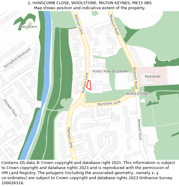1, HANSCOMB CLOSE, WOOLSTONE, MILTON KEYNES, MK15 0BS: Location map and indicative extent of plot