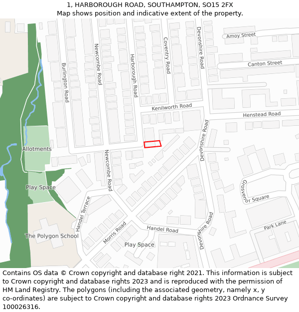 1, HARBOROUGH ROAD, SOUTHAMPTON, SO15 2FX: Location map and indicative extent of plot