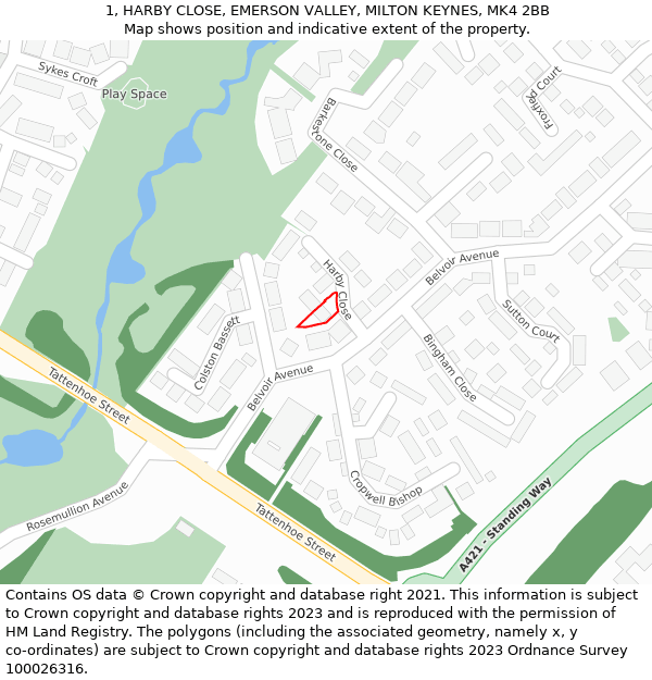 1, HARBY CLOSE, EMERSON VALLEY, MILTON KEYNES, MK4 2BB: Location map and indicative extent of plot