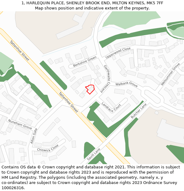 1, HARLEQUIN PLACE, SHENLEY BROOK END, MILTON KEYNES, MK5 7FF: Location map and indicative extent of plot