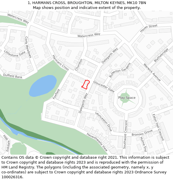 1, HARMANS CROSS, BROUGHTON, MILTON KEYNES, MK10 7BN: Location map and indicative extent of plot