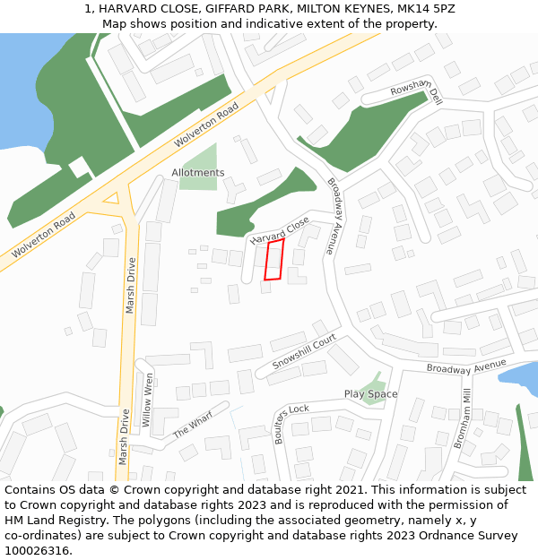 1, HARVARD CLOSE, GIFFARD PARK, MILTON KEYNES, MK14 5PZ: Location map and indicative extent of plot