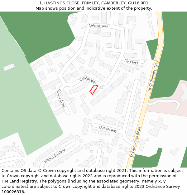 1, HASTINGS CLOSE, FRIMLEY, CAMBERLEY, GU16 9FD: Location map and indicative extent of plot