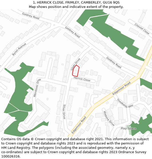 1, HERRICK CLOSE, FRIMLEY, CAMBERLEY, GU16 9QS: Location map and indicative extent of plot
