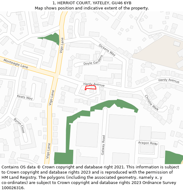 1, HERRIOT COURT, YATELEY, GU46 6YB: Location map and indicative extent of plot