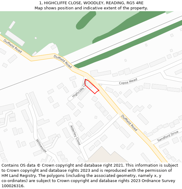 1, HIGHCLIFFE CLOSE, WOODLEY, READING, RG5 4RE: Location map and indicative extent of plot