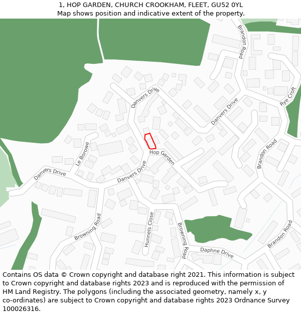 1, HOP GARDEN, CHURCH CROOKHAM, FLEET, GU52 0YL: Location map and indicative extent of plot