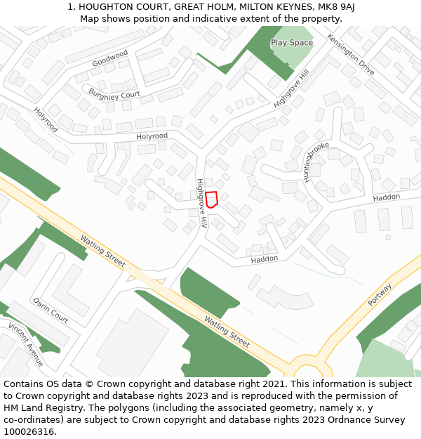 1, HOUGHTON COURT, GREAT HOLM, MILTON KEYNES, MK8 9AJ: Location map and indicative extent of plot