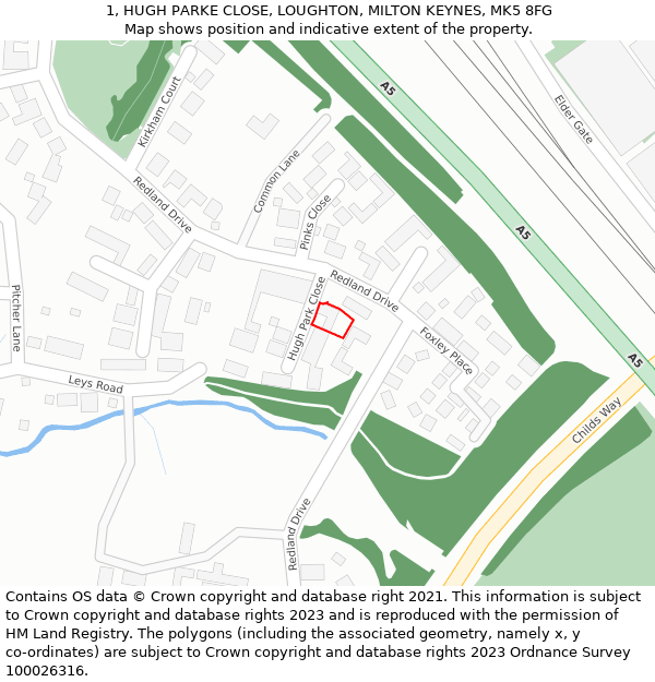 1, HUGH PARKE CLOSE, LOUGHTON, MILTON KEYNES, MK5 8FG: Location map and indicative extent of plot