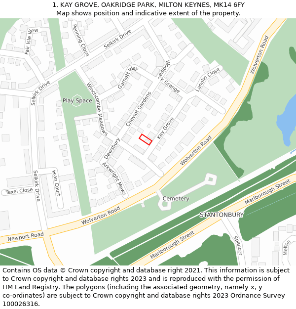 1, KAY GROVE, OAKRIDGE PARK, MILTON KEYNES, MK14 6FY: Location map and indicative extent of plot